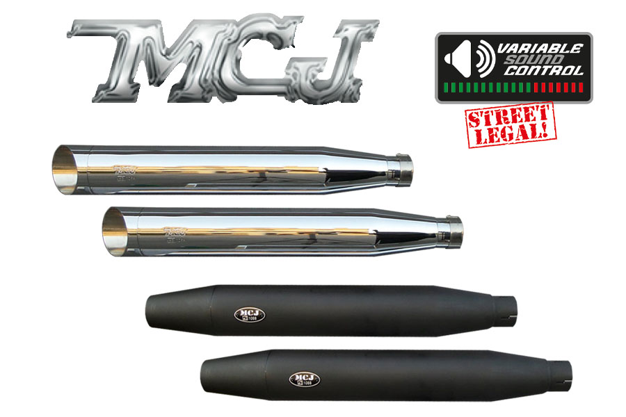 MCJ mechanically adjustable mufflers for original Harley downpipes